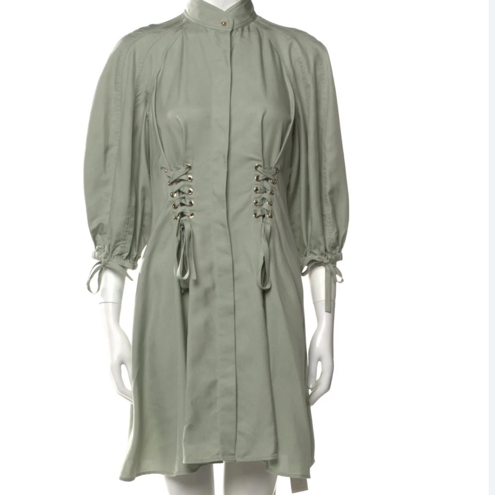 Zimmermann Sage Green Puff Sleeve Lace-Up Waist Dress - Picture 4 of 8